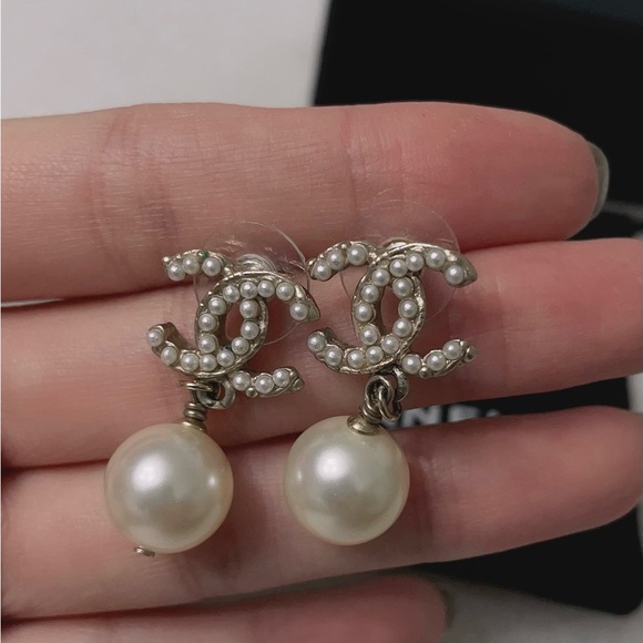 Chanel Double C Pearl Pendant Earrings - Picture 2 of 6